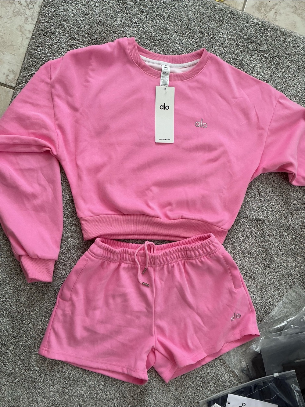 ALO Yoga Kids Pink Crewneck Sweatshirt & Shorts Pajama Set
